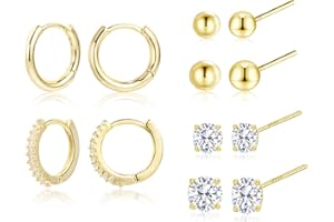 ALEXCRAFT Ensemble combiné de boucles d'oreilles et de clous en argent sterling pour femme, créoles épaisses brillantes en or 14 carats et petits clous pour plusieurs piercings (6 paires)