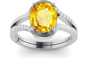 DINJEWEL 3.25 Ratti 2.00 Carat Unheated Untreatet AA++ Quality Natural Yellow Sapphire Pukhraj Gemstone Silver Plated Ring for Men And Women's, Sterling Silver, Yellow Sapphire