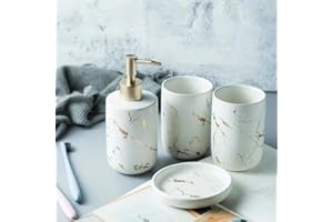 FülleMore 4-teiliges Keramik Bad-Zubehörset Marmor Optik Badaccessoires 300ml Seifenspender,Seifenschale, Zahnbürstenhalter/Zahnputzbecher Badezimmer Set (Weiß)