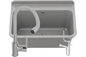 Granitan Ausgussbecken für Garage Keller Werkstatt - Universal Waschtrog mit Siphon - Waschbecken Wandmontage aus Polypropylen - 61x41x30 cm (Grau + FLEX Waschtischbatterie)