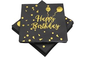 SPOKKI Happy Birthday Servietten, 60 Stück Geburtstags Servietten, Servietten Geburtstag 33x33cm,für Geburtstag Party Deko (Schwarz)
