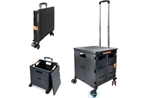 Nastarki Carrello Spesa Pieghevole Della Spesa Pieghevole Carrello Porta Spesa Trolley Pieghevole in Plastica Carrello Pieghevole a Mano con Coperchio con Manico Regolabile con Freni, Nero