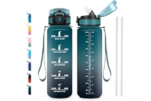 JAPORIA Gourde Motivation 1L, Bouteille d'eau sans BPA, Gourde avec Paille et Marqueur de Temps pour Fitness, Yoga, Bureau, Randonnée