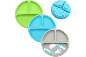 ANTUREBAY Suction Plates for Babies, 100% SiliconeToddler Plates,Divided Baby Plates, Dishwasher & Microwave Friendly,Food Grade Silicone Kids Plates with Spoon Fork (Blue,Green,Gray)