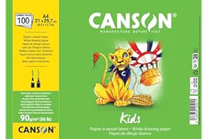 Canson Kids, Papel de Dibujo Blanco, Grano Ligero, 90gsm, Hoja, A4-21x29,7cm, Blanco, 100 hojas