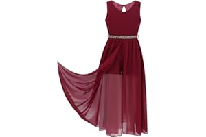 Freebily Bébé Fille Robe Princesse Soirée Mariage Robe de Cérémonie avec Short Ceinture Strass Mousseline Robe Demoiselle d'honneur Baptême Fête pour Enfant 3-16 Ans