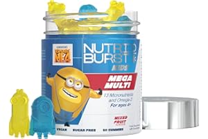 Nutriburst Minions MEGA Multi Vitamins for Kids - Chewable Multivitamins for Growth & Development: Vitamin A, B12 C, D3, E, Iron, Omega-3 - Vegan + Sugar Free - Fruity Flavour - 60 Gummies