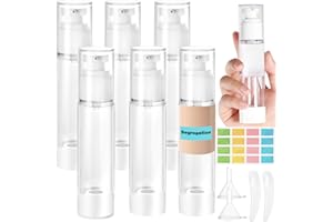 Furuising 6 Stück 100ml Airless Pumpspender, Creme Spender Pumpflasche Leer, Nachfüllbar Cremespender, Vakuum Reiseflaschen zum Befüllen mit Aufkleber, Spatel für Reise Lotionen Shampoo Kosmetik
