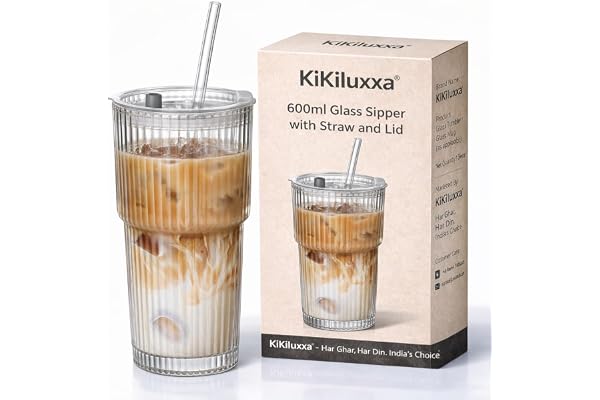 KiKiluxxa Coffee Glass Mug Sipper with Straw and Lid 1 pcs -600ml -for Smoothie,Water, Juice, Drinks,Lemon Soda, Beer Drinking Glasses, Iced Coffee and Tea Cups with Straw (SiletInex P-1)