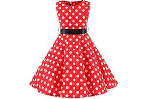 IWEMEK Robe Cérémonie Vintage Enfant Rockabilly Année 50/60 Retro à Pois Polka Dot Imprimé Floral de Soirée Fête Cocktail Noël Mariage sans Manches A-Ligne Midi 4-12 Ans