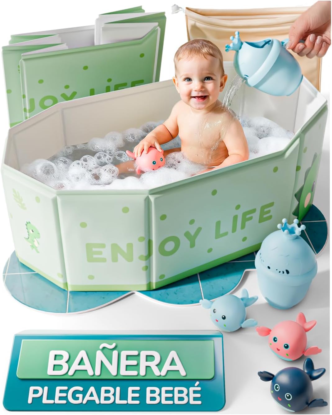 BabyBebloo Kit Bañera Plegable Bebé - bañera portátil bebe con accesorios - plegable viaje o plato ducha bebe grande - Banheira portátil antideslizante portatil - Completo con juguetes, jarra y bolsa