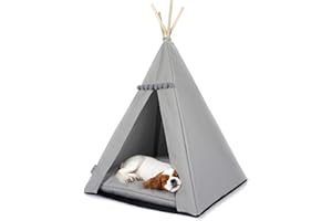 Halkalife Dog teepee with pompons, dog waterproof tent and puppy luxury tent, dog wigwam, dog house, dog nest (L, Grey, Grey)