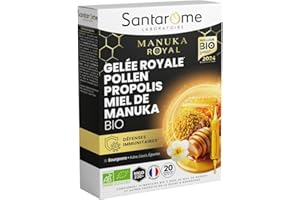 SANTAROME BIO Santarome - Gelée Royale Pollen Propolis Miel de Manuka Bio - Complément alimentaire immunité - Formule 100% Bio - 20 ampoules - Made In France