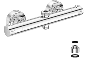 Marketero Thermostatic Shower Mixer Bar Two Outlet, Shower Mixer Taps Wall Mounted Thermostatic Dual Outlet Shower Valve Brass with TOP G 3/4" and Bottom G 1/2" for Bathroom - Silver