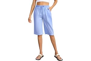 Lishang Short Long Femme ete Fluide Taille Haute Elastique Short Coton Plage avec Poches Cordon Vetement Pantacourt Femme été