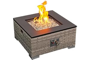AFURNI Outdoor Rattan Fire Pit Table, Square Gas Fire Pit, 2 in 1 Fireplace Table Outdoor Fire Tables, 40000 BTU Rattan Smokeless Firepit Patio Heater with Lid for Patio Backyard