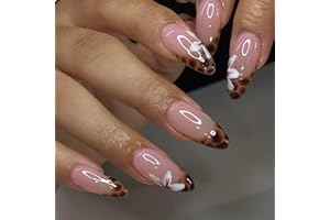 GlamRays Lot de 24 faux ongles à coller, manucure française, taille moyenne, motifs fleur blanche et léopard