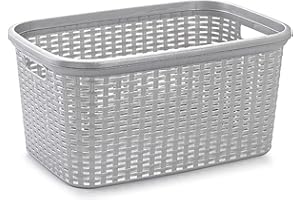 ACAN Tradineur - Cesta Colada de plástico con Asas 53 x 26 x 36 cm, Modelo Rattan, 35 litros, cesto para Prendas Ropa, lavandería, hogar, Plata