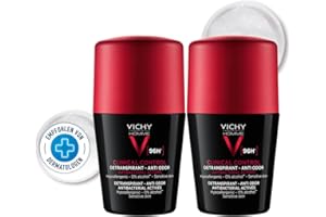 Vichy Homme Clinical Control 96h Männer, Deo-Roll-on für Männer, Schweiß- und geruchshemmend, Antibakteriell, Hypoallergen, Alkoholfrei, Für empfindliche Haut, 2x50 ml