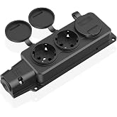 HITRENDS IP54 Outdoor Power Strip, 3 Sockets, Schuko Plug 16A | Black, 3 Schuko sockets with caps, IP54, 16A/250V~, up to 350