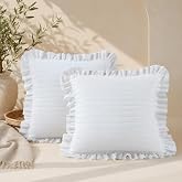 HaraDeco 2 Cushion Covers Stripes Ruffles Effect Fringe Smooth (White Ruffles, Pack 2 Cushion Cover 45 x 45 cm)
