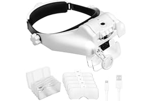 Loupe Bandeau Lpluziyyds 1x à 14x Rechargeable avec lumière LED, Mains Libres avec 6 lentilles détachables pour travaux de rapprochement, Lecture, travaux manuels, réparation