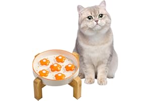 PTOBER Elevated Slow Feeder Cat Bowls - Raised Cat Food Bowl with Anti-Slip Bamboo Stand - Slow Feeding Cat Plate - Colorful Maze Cat Dish Healthy Eating - Fun Cat Puzzle Feeder - 6 OZ - Bright Orange Flower