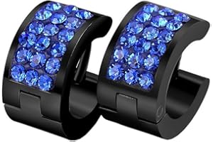 PAURO Mens Stainless Steel Black Huggie Hoop Earrings Black CZ Inlaid Ear Studs