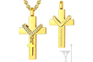 Supcare Colgante Cruz para Cenizas Acero Inoxidable Personalizable Collar Cruz de Urna para Cenizas con Cadena 55cm+5cm Collar Colgante Cruz de Urna Cenizas con Accesorios, Plateado/Dorado/Negro