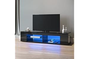 SONNI Mueble TV Negro Brillo con Luces LED 12 Colores LED,Mesa de Salón para TV Estantes de Cristal 135 cm