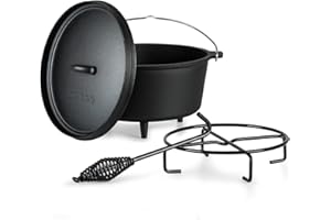 ‎TOCIS BIG BBQ ToCis Big BBQ Dutch Oven Set Galloway | fertig eingebrannter 6qt Gusseisen Topf | 5.5 Liter Feuertopf | Dutch Oven Zubehör inklusive Deckelheber und Topfständer | Raketenofen Outdoor mit Füße