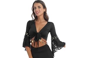 inhzoy Costume da Danza del Ventre da Donna Cardigan in Pizzo Patchwork con Paillettes Top Corto con Scialle con Maniche Vestito da Danza Classica Spettacolo Discoteca