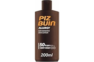 PIZ BUIN Allergy Sun Sensitive Skin Lotion FPS 50 (200 ml), protector solar corporal con FP50, protección solar muy alta para pieles sensibles, loción corporal con filtros UVA/UVB