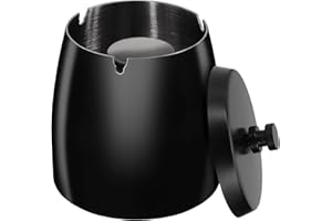 HONZUEN Cendrier Noir Exterieur Interieur Ashtray Black Outdoor Incassable Metal, Beau Cendriers en Acier Inox Coupe-vent avec Couvercle Anti Odeur pour Jardin Balcon Maison Restaurant, Grand