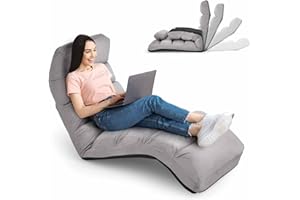 RELAX4LIFE Chaise Paresseuse Rembourré avec Dossier 90°-180°et Oreiller, Fauteuil au Sol Pliable en Surface Suède, Convient au Bureau, Lire, 175 x 55 x 20CM (Gris)