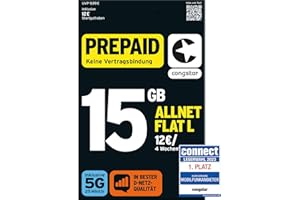congstar Prepaid ALLNET L SIM-Karte ohne Vertrag I Vielsurfer Prepaid-Paket in D-Netz-Qualität I 6 GB LTE mit 25 Mbit/s + 15€ Startguthaben I Telefonie & SMS Flat in alle dt. Netze I EU-Roaming inkl.