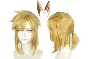 Linfairy Peluca Rubia Corta Peluca de Cosplay de Halloween Para Hombres Trenza con 2 Orejas de Elfo
