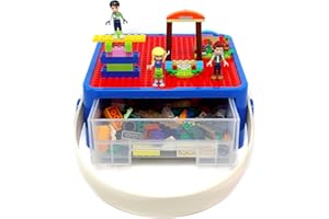 Bins & Things Lego-Compatible Storage Container with Compatible Building Baseplate Lid Toy Carrying Case with Handle - Lego Organizer, Brick Toy Storage