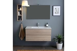 Kiamami Valentina - Mobile bagno sospeso 120cm 2 cassetti quercia naturale, lavabo 1 vasca e specchio 120x60 | Berlin