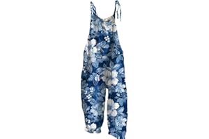 EMUKFD Salopette da donna UK gamba larga Boho stampa tuta floreale vestibilità ampia tutina cotone lino estate spiaggia senza maniche tutine salopette salopette tuta traspirante ampia casual vacanza