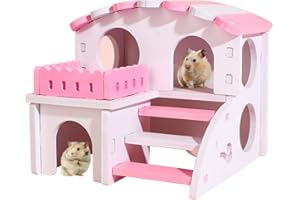 DIIWMME Maison en bois pour hamster, cachette pour petits animaux, cabane à double étage, pour cochon d'Inde, maison en bois avec fenêtres