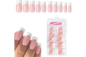 Goiern 120 szt. White French Tip Press on Nail Medium Square Fake Nails Nude False Nails Square French Press ons Square Akrylowe Sztuczne paznokcie dla kobiet dziewcząt