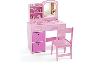 COSTWAY Tocador Infantil con Espejo Iluminado, Tocador de Maquillaje Niña con Espejo y Luces, Estantes Abiertos y 5 Cajones de Almacenaje, Mesa y Silla de Princesa para Niñas de 3+ Años (Rosa)