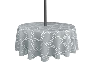 SUQ I OME Patio Tablecloth with Umbrella Hole,Garden Tablecloth with Umbrella Hole and Zipper,Table Cloths for Host Backyard Parties, BBQs,Family Gatherings(Grey,60'' Round with Zipper)