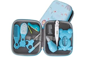 PLIC CARE - Trousse de Soin Bébé Bleue – Dès la Naissance – 9 Essentiels de Soin – Thermomètre Rectal, Thermomètre de Bain, Peigne, Brosse, Lime, Mouche Bébé… - Kit Complet de Puériculture