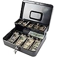 KYODOLED Locking Cash Box with Lock,Money Box with Cash Tray,Lock Safe Box with Key,Money Saving Organizer,11.81Lx 9.45Wx 3.54H Inches,Black XL Large