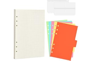 ORENGE A5 Carta di Ricarica Inserti di Carta per A5 6 Fori Fogli di Ricambio per Quaderni A5 con 5 Divisori e 2 Tasche Raccoglitore Ricarica di Carta Griglia per Agende Planner, Schizzi, Pittura (Set)