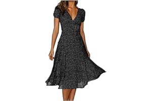 AMhomely Summer Dresses for Women UK Clearance Elegant V-Neck Bandage Print Casual Short Sleeve Dresses for Special Occasions Ladies Maxi Dresses Plus Size Petite Sexy Dress UK Size