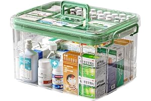HoopVool Clear Plastic Medicine Storage Box Organizer, Family Emergency Kit with Removable Pill Case Portable Lockable Container for, Art Craft and Cosmetic Household Organizer (Green, Medium)