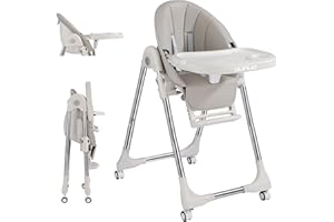 OUNUO Baby Hochstuhl Verstehllbar und Klappbar kinderhochstuhl mitwachsend Kindersitz Kinderstuhl mit Sicherheitsgurt 6 Monaten bis 6 Jahre PU Leder Kissen (Grau)